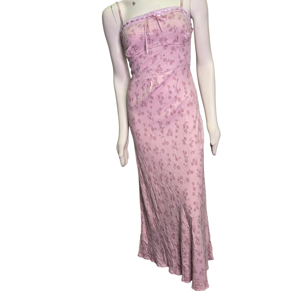 Coquette Milkmaid Maxi Dress Floral Lace Trim Coquette XL Pink Sleeveless Bow